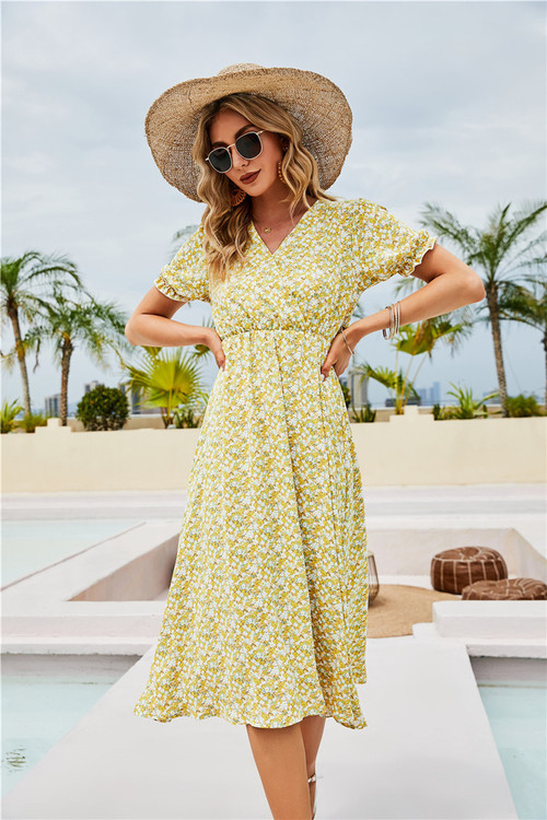 New Stylish Summer V-Neck Floral Batch Printing Short Sleeve Holiday Dress - Vougese