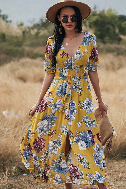 New Summer Flowers Batch Printed Elastic Waist Laced Slim Holiday Dress - Vougese
