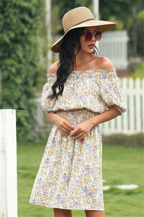 One-Shoulder Plus Size 3 Colors Retro Floral Batch Printing Summer Holiday Dress - Vougese
