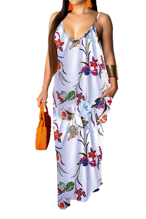 Plus Size 3 Colors Flowers Batch Printing Sling V-Neck Pockets Loose Maxi Dress - Vougese