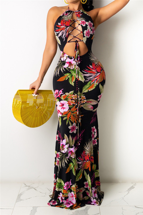 Plus Size 3 Colors Halter Neck Flowers Batch Printing Hollow Out Sexy Maxi Dress - Vougese