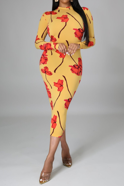 Plus Size Flowers Batch Printing Autumn Zip-Up Stretch Slim Midi Dress (With Belt) - Vougese