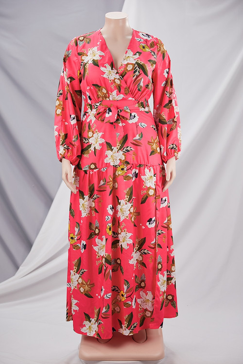 Plus Size L-4Xl New Stylish Batch Printing V-Neck Inelastic Sexy Loose Slit Maxi Dress (With Belt) - Vougese