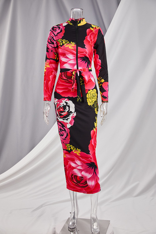 Plus Size New Style Multicolor Batch Printing Autumn Zip-Up Stretch Slim Midi Dress (With Belt) - Vougese