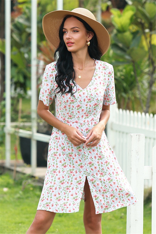 Plus Size New Style Summer V-Neck Floral Batch Printing Fresh Holiday Dress - Vougese