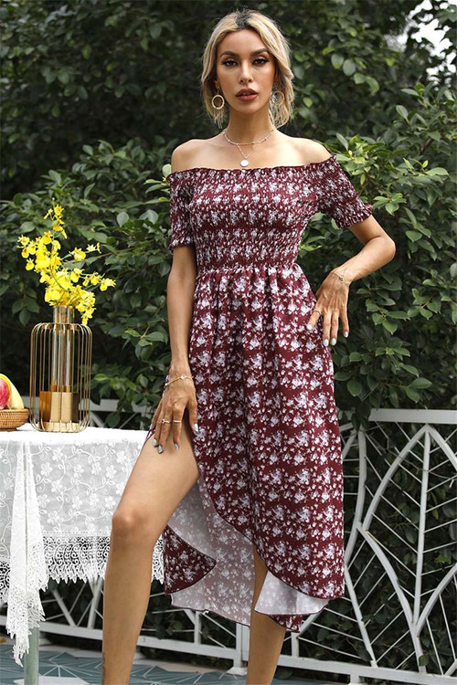 Plus Size New Stylish Batch Printing Off Shoulder Short Sleeve Summer Dress - Vougese