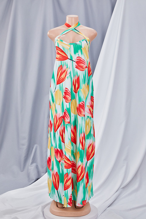 Plus Size New Stylish Batch Printing Summer Halter Neck Loose Stretch Maxi Dress - Vougese