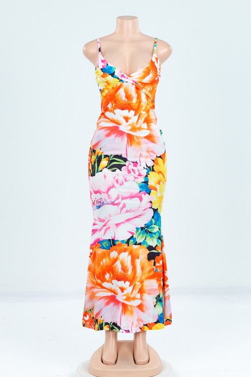Plus Size New Stylish Flowers Batch Printing Sling Deep V-Neck Sexy Maxi Dress #2# - Vougese