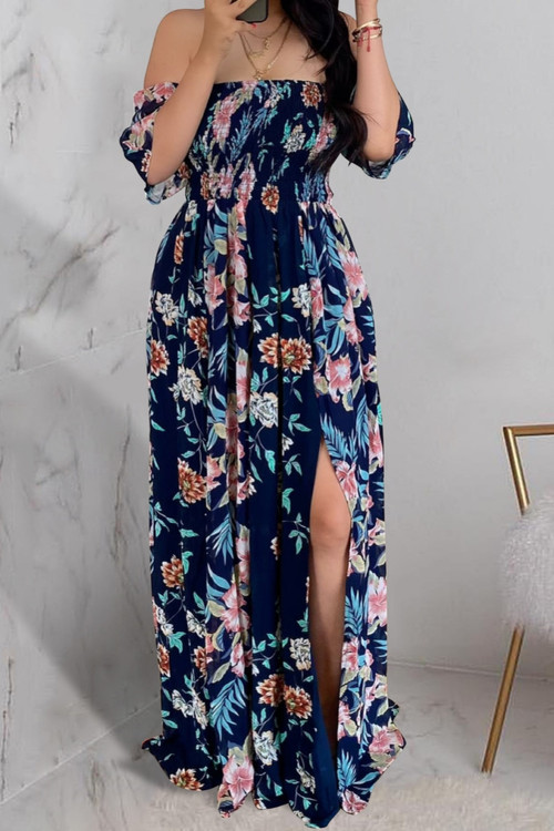 Plus Size Summer Flowers Batch Printing Off Shoulder Inelastic New Stylish Maxi Dress - Vougese