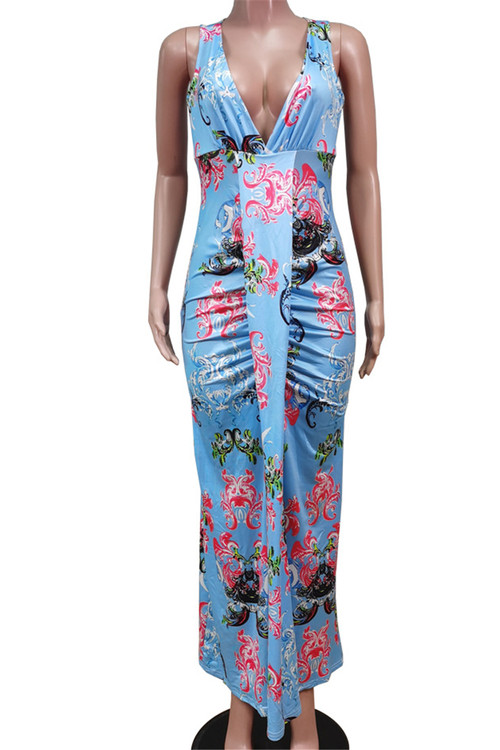 Plus Size Summer Sleeveless Deep V-Neck New Stylish Flowers Batch Printing Stretch Maxi Dress - Vougese