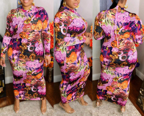 Plus Size Xl-5Xl New Stylish Flowers Batch Printing Zip-Up Stretch Casual Autumn Midi Dress - Vougese