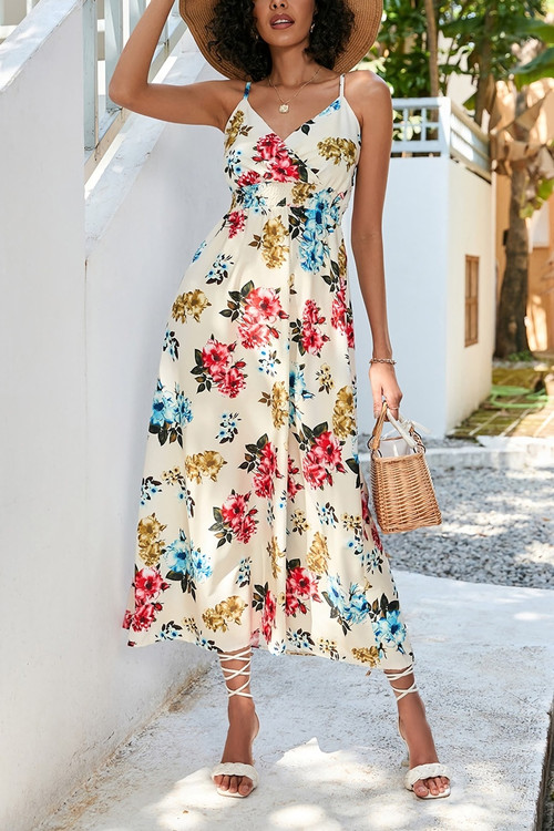 S-2Xl Plus Size New Floral Batch Printing Micro-Elastic Retro Bohemian Spaghetti String Midi Dress - Vougese