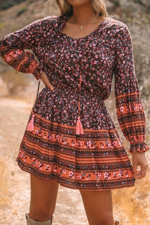 S-2Xl Plus Size Spring New Stylish Floral Batch Printing Inelastic V-Neck Lace-Up Lantern Long Sleeves Casual Mini Dress - Vougese