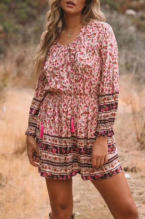 S-2Xl Plus Size Spring New Stylish Inelastic Floral Batch Printing V-Neck Lace-Up Lantern Long Sleeves Casual Mini Dress - Vougese