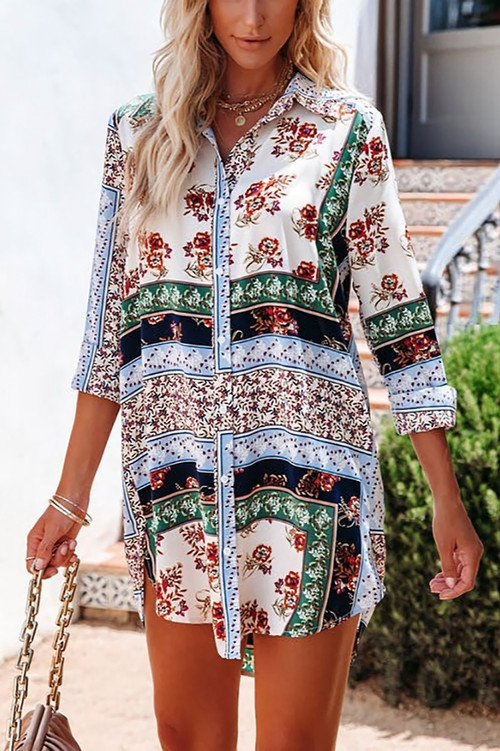 S-2Xl Plus Size Spring New Stylish Inelastic Flower Batch Printing Single-Breasted Long Sleeves Split Casual Mini Dress - Vougese