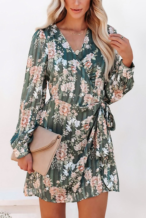 S-2Xl Plus Size Spring New Stylish Inelastic Flower Batch Printing V-Neck Long Sleeves Casual Mini Dress With Belt - Vougese
