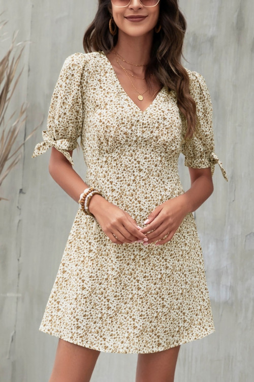 S-2Xl Plus Size Summer 3 Colors Inelastic Floral Batch Printing V-Neck Lace-Up Bow Casual Mini Dress - Vougese