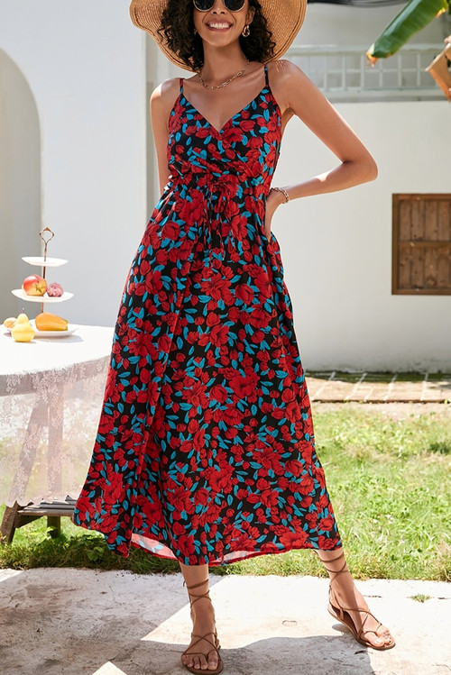 S-2Xl Plus Size Summer Floral Batch Printing Inelastic V-Neck Tie-Waist Stylish Holiday Spaghetti String Midi Dress - Vougese