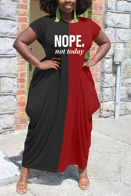 S-2Xl Plus Size Summer New 5 Colors Contrast Color Letter Fixed Printing Stretch Crew Neck Short Sleeve Loose Stylish Casual Maxi Dress - Vougese