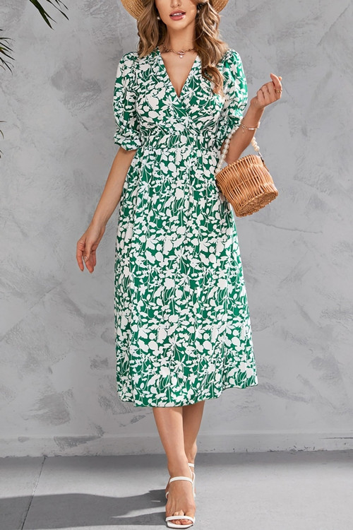 S-2Xl Plus Size Summer New Flower Batch Printing Inelastic Elbow Sleeves V-Neck Split Casual Midi Dress - Vougese
