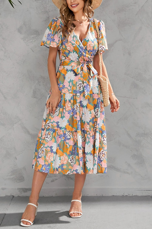 S-2Xl Plus Size Summer New Flower Batch Printing Inelastic V-Neck Short Sleeves With Belt Casual Midi Dress - Vougese
