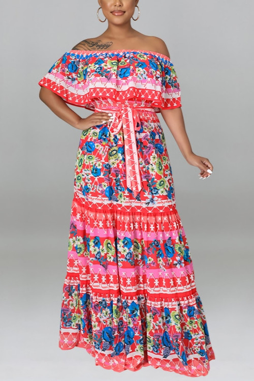 S-2Xl Plus Size Summer New Holiday Style 3 Colors Off The Shoulder Micro-Elastic Shirring Flower Batch Printing Casual Maxi Dress With Belt - Vougese