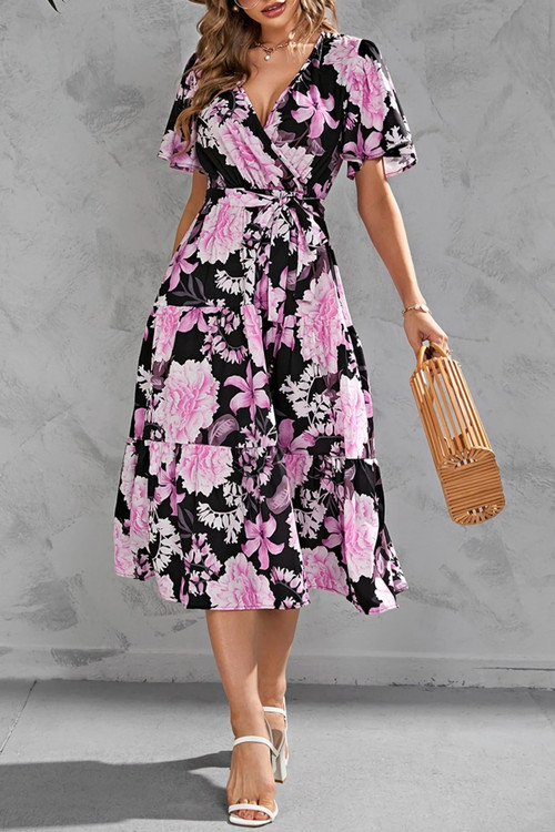S-2Xl Plus Size Summer New Inelastic Flower Batch Printing V-Neck Short Sleeves With Belt Casual Midi Dress - Vougese