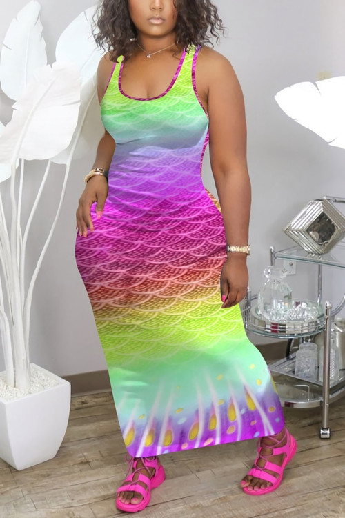 S-2Xl Plus Size Summer New Stretch 4 Colors Fish Scale Printing Sleeveless Casual Maxi Dress - Vougese