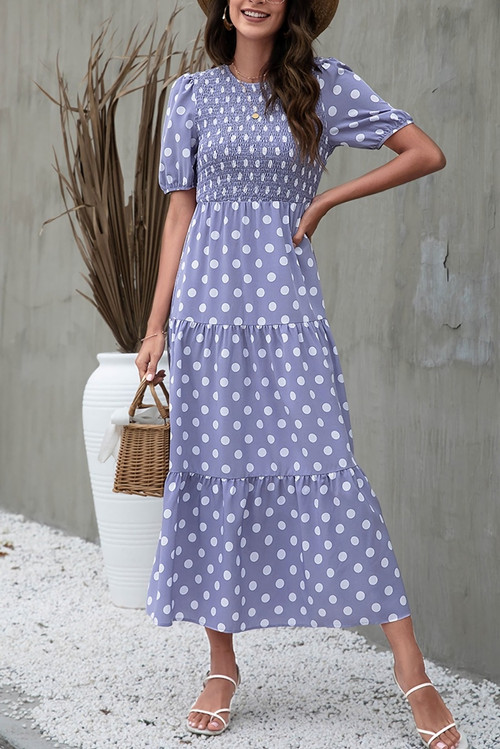 S-2Xl Plus Size Summer New Stylish 3 Colors Inelastic Polka Dot Printing Crew Neck Hollow Lace-Up Casual Midi Dress - Vougese