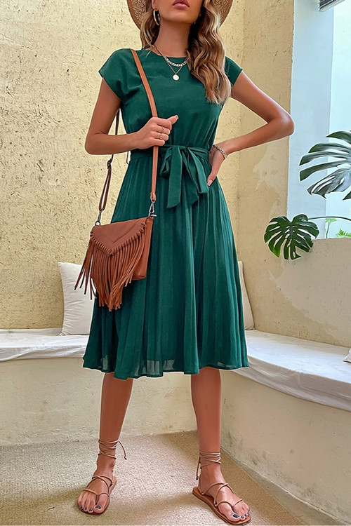 S-2Xl Plus Size Summer New Stylish 3 Colors Solid Color Elastic Short Sleeves Pleated Button Casual Midi Dress(With Belt) - Vougese