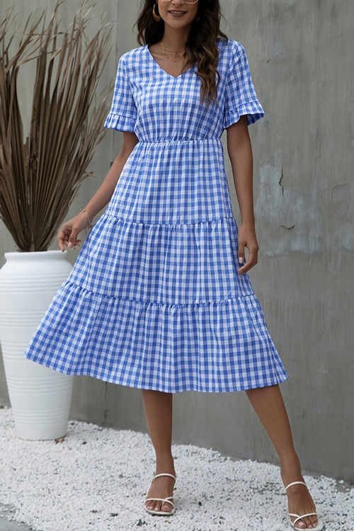 S-2Xl Plus Size Summer New Stylish 4Colors Plaid Printing Inelastic Short Sleeves Casual Midi Dress - Vougese