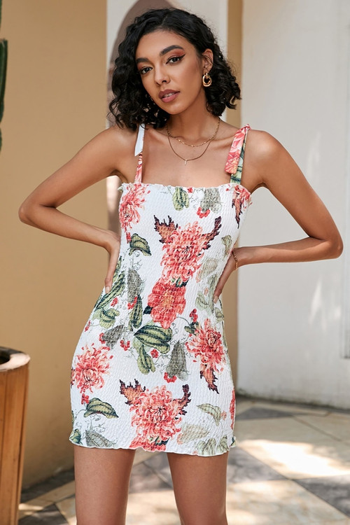 S-2Xl Plus Size Summer New Stylish Chrysanthemum Printing Stretch Frill Crimped Shirring Sling Lace-Up Backless Slim Sexy Mini Dress - Vougese
