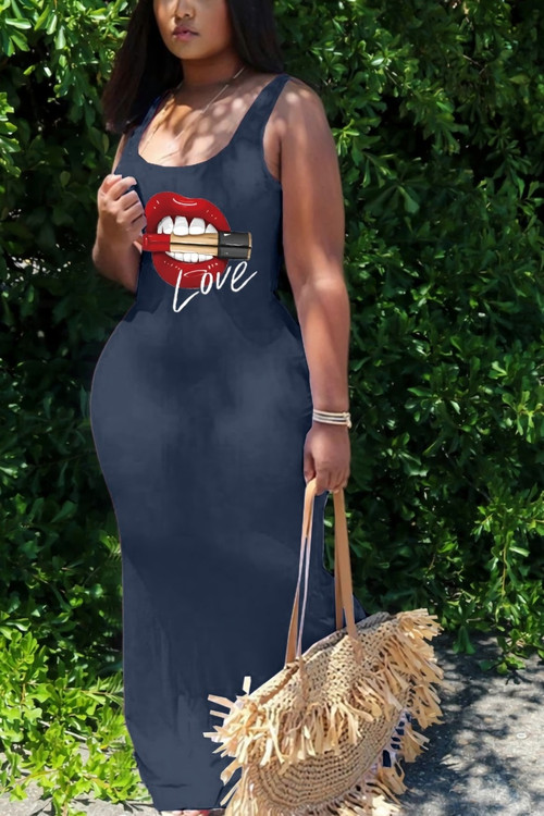 S-2Xl Plus Size Summer New Stylish Eight Colors Cartoon Lips Printing Sling Stretch Casual Maxi Dress - Vougese