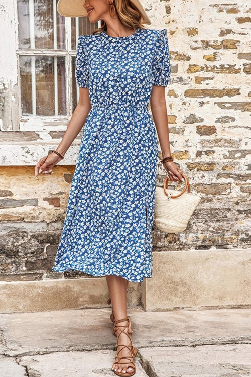 S-2Xl Plus Size Summer New Stylish Floral Printing Micro Elastic Crew Neck Split Button Casual Midi Dress - Vougese
