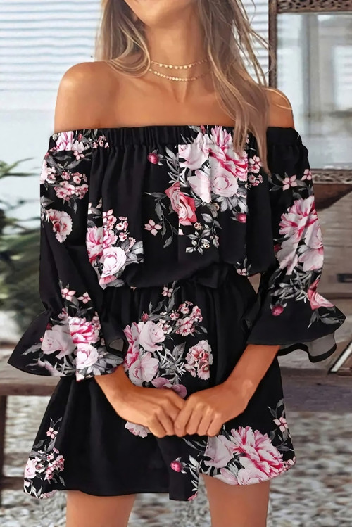 S-2Xl Plus Size Summer New Stylish Flower Printing Stretch Off-The-Shoulder Lantern Sleeves Casual Mini Dress Dresses - Vougese