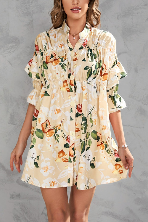 S-2Xl Plus Size Summer New Stylish Inelastic Elbow Sleeves Leaf & Flower Printing Single-Breasted Casual Mini Dress - Vougese