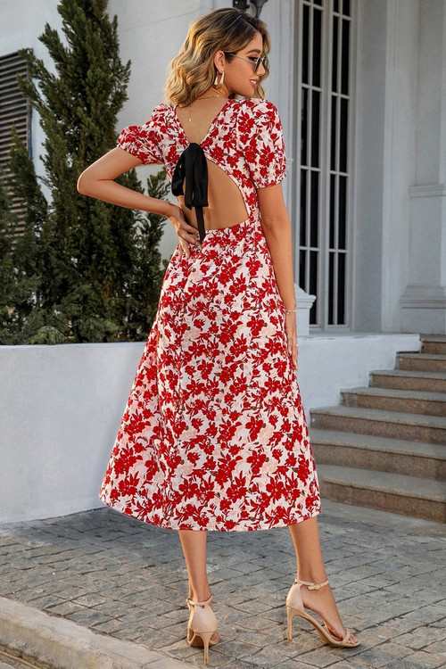 S-2Xl Plus Size Summer New Stylish Inelastic Floral Batch Printing Hollow Lace-Up Backless Sexy Midi Dress - Vougese