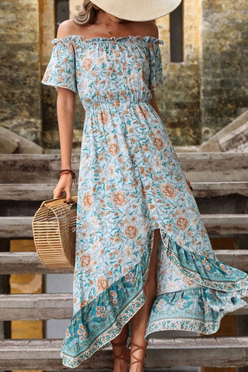 S-2Xl Plus Size Summer New Stylish Inelastic Flower Batch Printing Off-The-Shoulder Split Single-Breasted Casual Midi Dress - Vougese