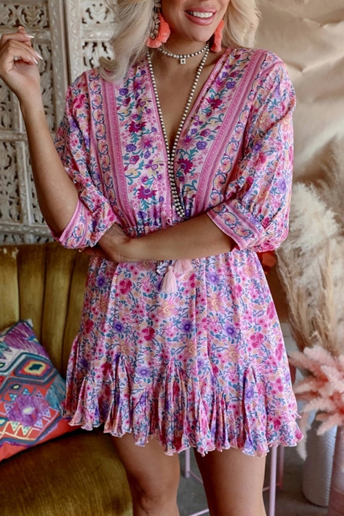 S-2Xl Plus Size Summer New Stylish Micro Elastic Floral Batch Printing V-Neck Lace-Up Casual Mini Dress - Vougese