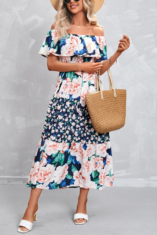 S-2Xl Plus Size Summer New Stylish Micro Elastic Off-The-Shoulder Ruffle With Belt Casual Midi Dress - Vougese