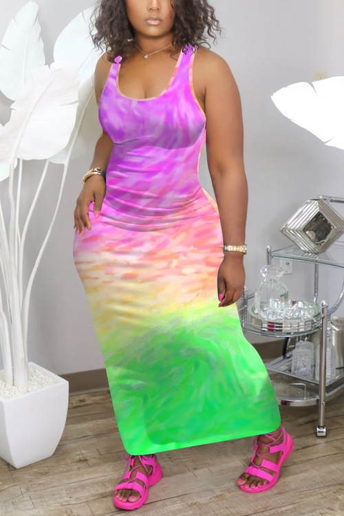 S-2Xl Plus Size Summer New Stylish Stretch 4 Colors Fixed Printing Sleeveless Casual Maxi Dress - Vougese