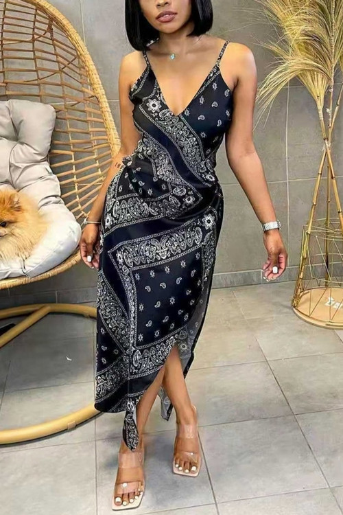 S-2Xl Plus Size Summer New Stylish Stretch Fixed Printing Sling Split Casual Maxi Dress - Vougese