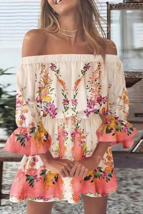 S-2Xl Plus Size Summer New Stylish Stretch Floral Batch Printing Off-The-Shoulder Lantern Sleeves Casual Mini Dress - Vougese