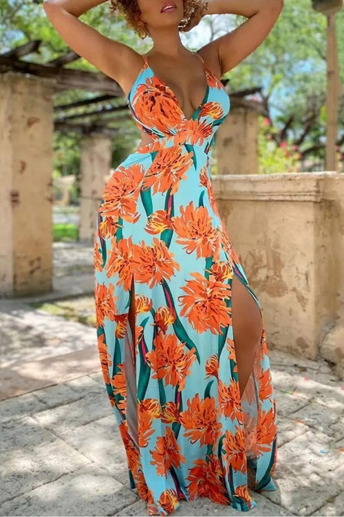 S-2Xl Plus Size Summer New Stylish Stretch Flower Printing Crossed Sling Lace-Up Backless Split Sexy Maxi Dress - Vougese