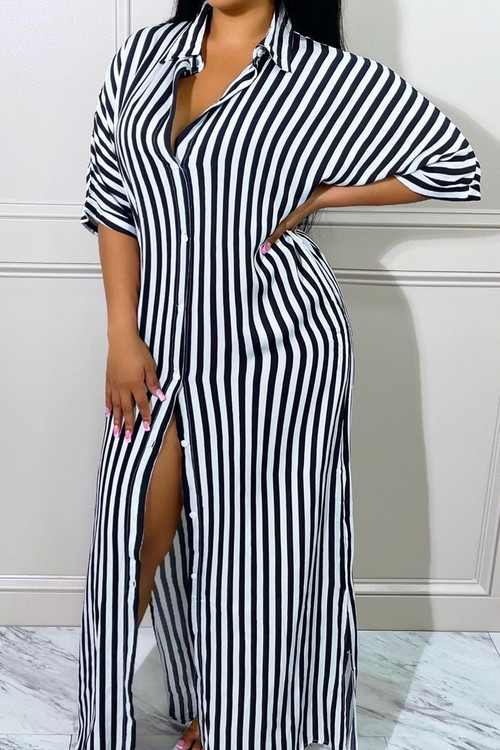 S-2Xl Plus Size Summer New Stylish Two Colors Striped Printing Lapel Short Sleeve With Pocket Button Casual Maxi Dress - Vougese