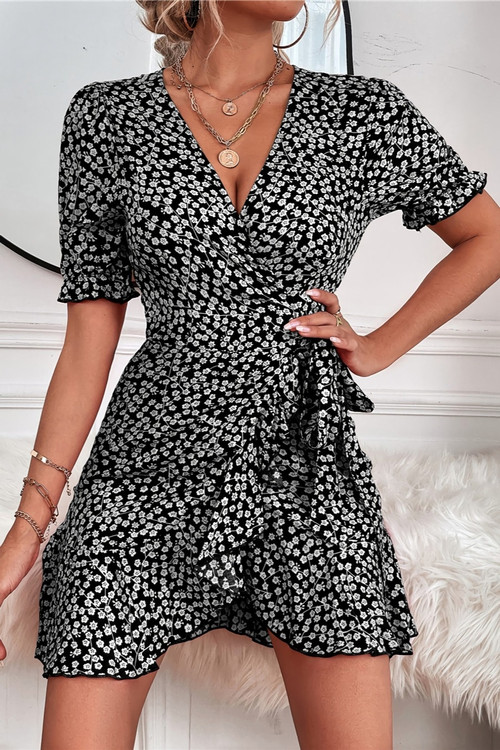 S-2Xl Summer New Plus Size 3 Colors Floral Printing Inelastic V-Neck Tie-Waist Ruffle Stylish Vacation Style Mini Dress - Vougese