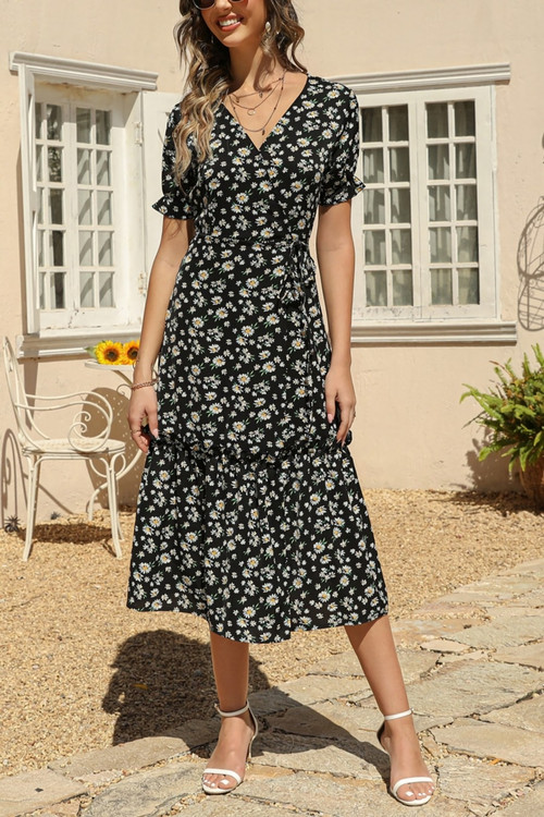 S-2Xl Summer New Plus Size 4 Colors Flower Batch Printing Inelastic Chiffon V-Neck Tie-Waist Stylish Vacation Bohemia Style Midi Dress - Vougese