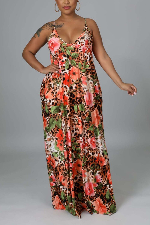S-2Xl Summer New Plus Size Allover Leopard & Flower Batch Printing Stretch Sling Pockets Loose Stylish Casual Maxi Dress - Vougese