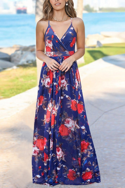 S-2Xl Summer New Plus Size Flower Batch Printing Stretch Backless Adjustable Straps Stylish Bohemia Vacation Style Maxi Dress - Vougese