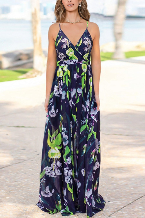 S-2Xl Summer New Plus Size Flower & Leaf Batch Printing Stretch Backless Adjustable Straps Stylish Bohemia Vacation Style Maxi Dress - Vougese